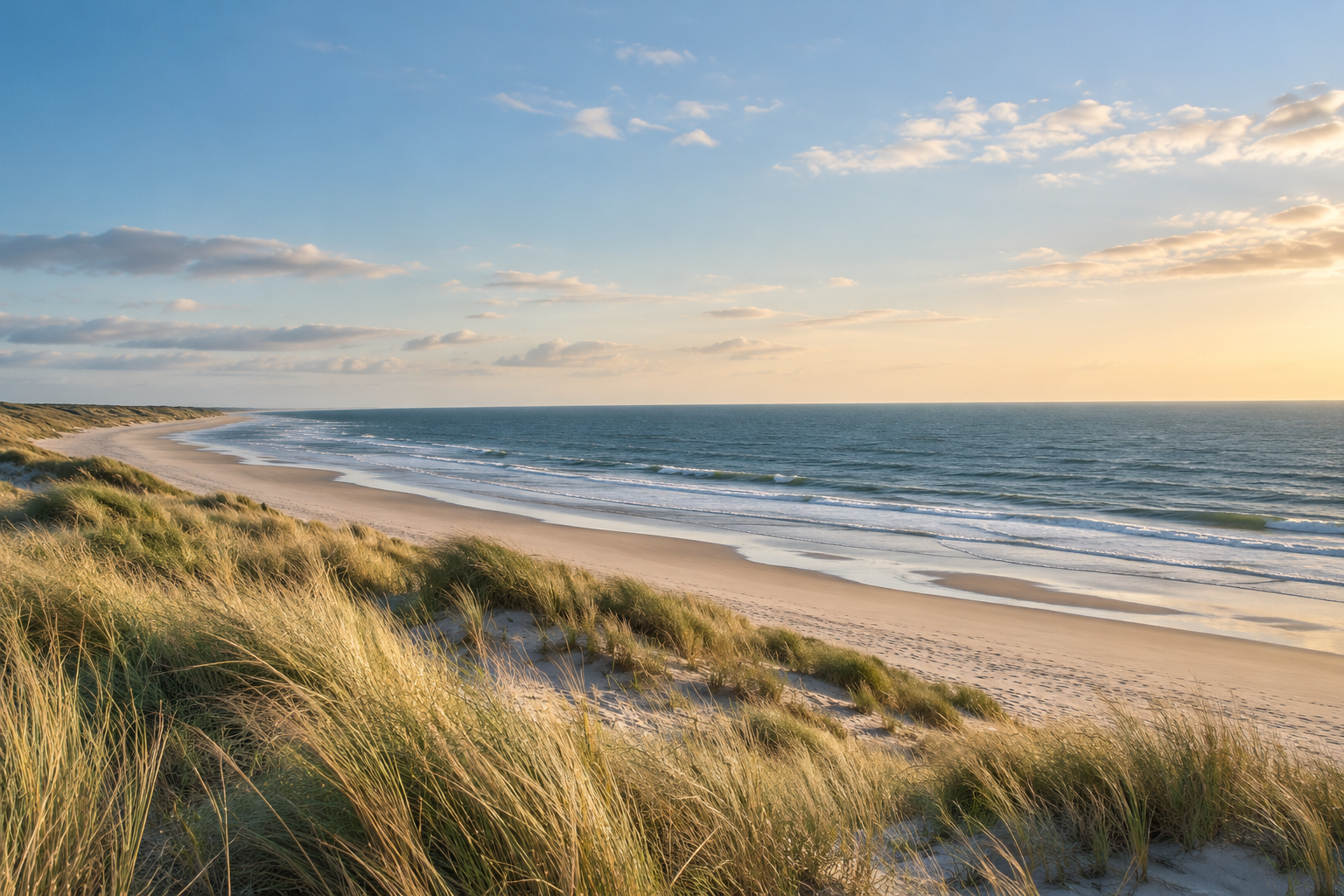 Een rustig duinlandschap met een open strand en de zee in zacht avondlicht